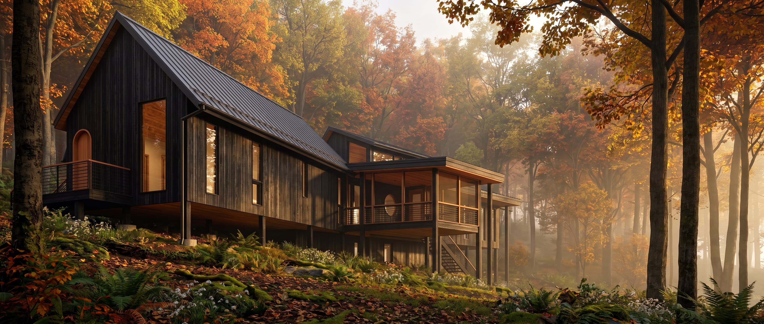 Rendering of Canal House's west-facing gable elevated on columns above a sloped site, seen in fall with fog and backlit foliage in the surrounding woods.