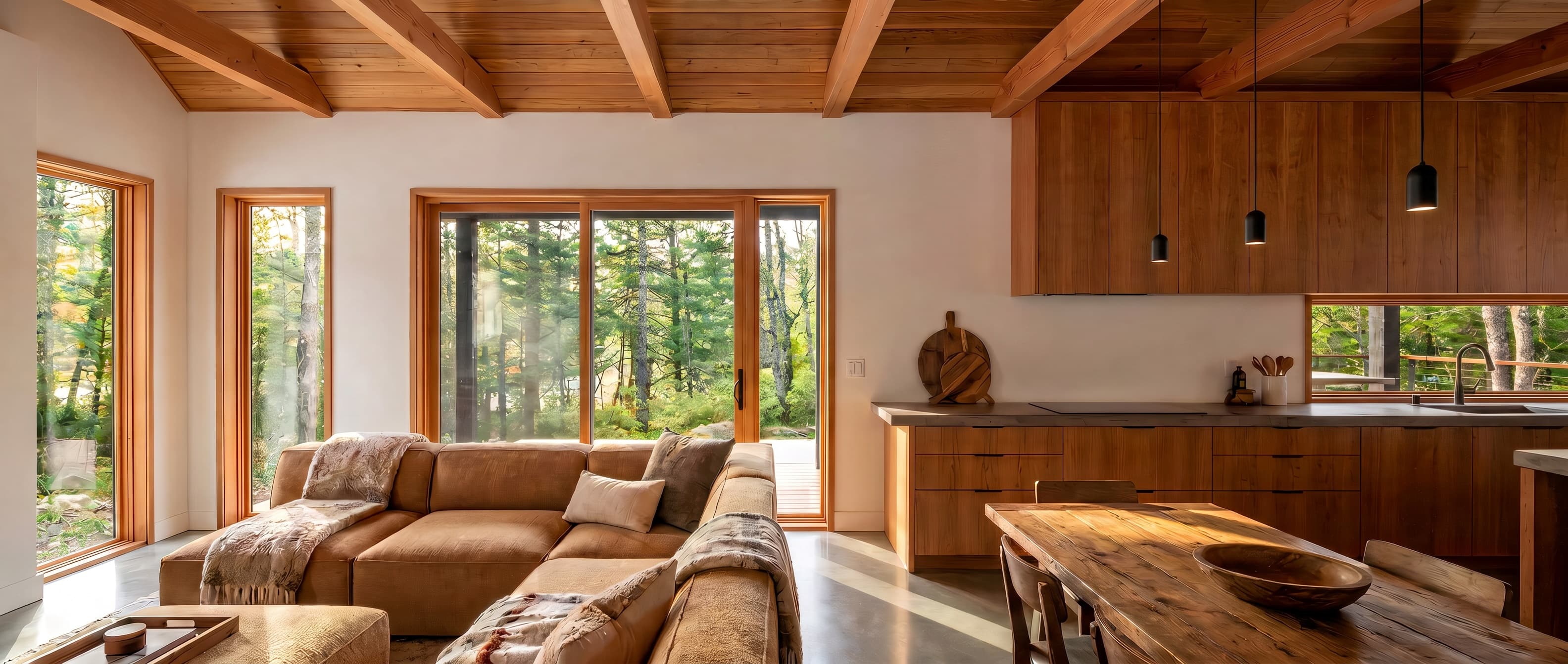 Rendering of Canal House's kitchen and living space beneath an exposed timber ceiling, wood cabinetry and a sectional sofa before full-height glazing that opens to the wooded slope, a covered deck visible beyond.