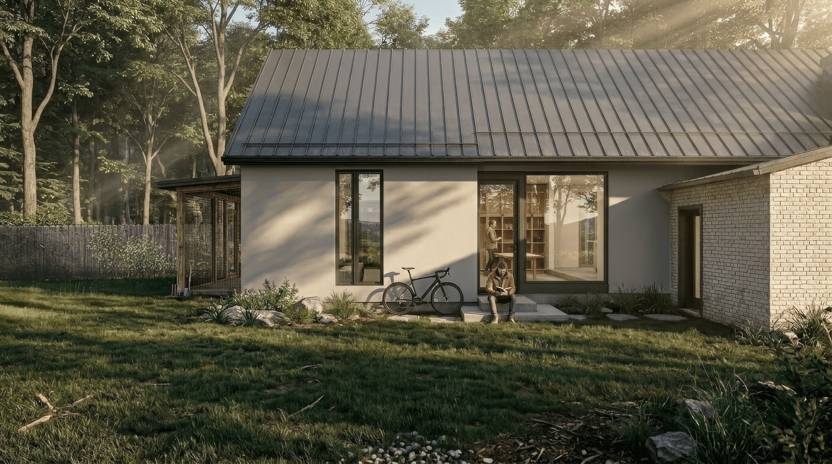 Rendering of Dorchester Addition's stucco and glass addition with a screened porch, meeting the existing brick house at right, golden-hour light through trees.
