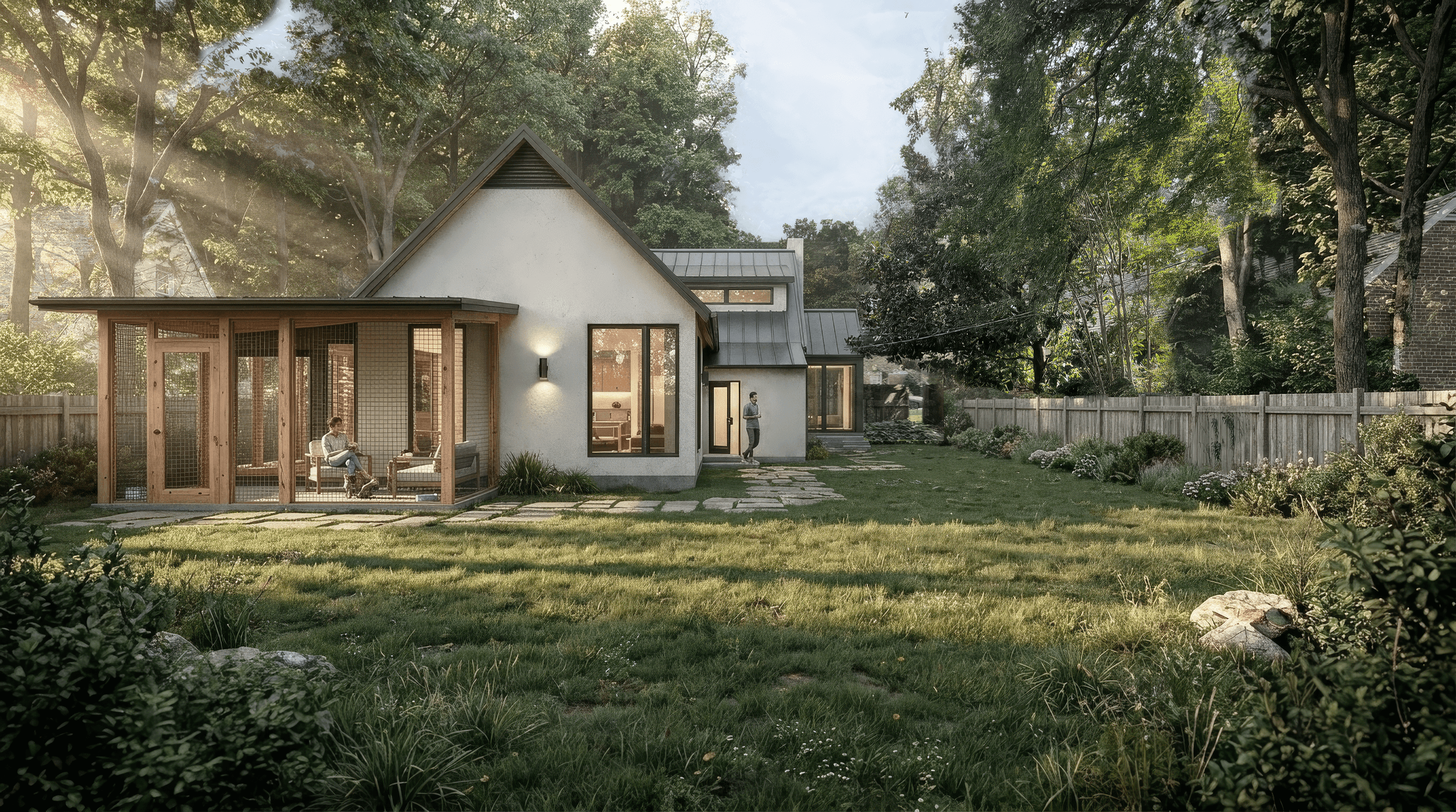 Rendering of the addition's stucco gable volume and screened porch, seen from the garden in early morning light.