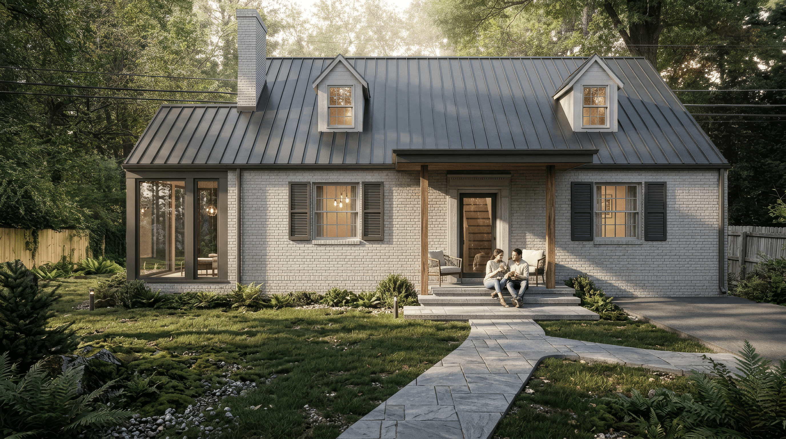 Rendering of the renovated Cape Cod house's front elevation, gray brick, twin dormers, and a standing-seam metal roof, seen from the front walk at dusk.