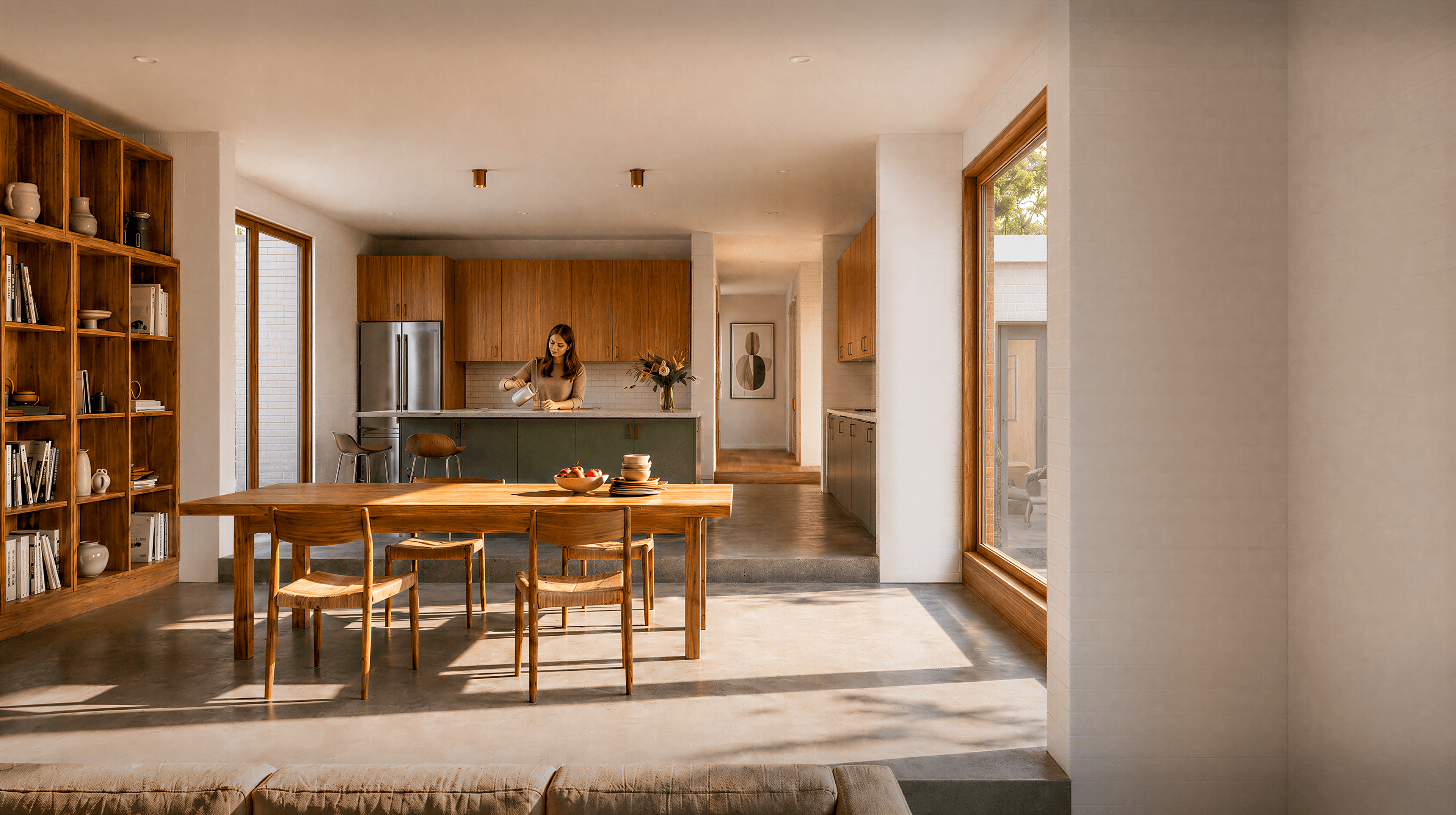 Rendering of the addition's open kitchen and dining room, wood cabinetry and built-in shelving, glazed on both sides toward the garden and courtyard beyond.