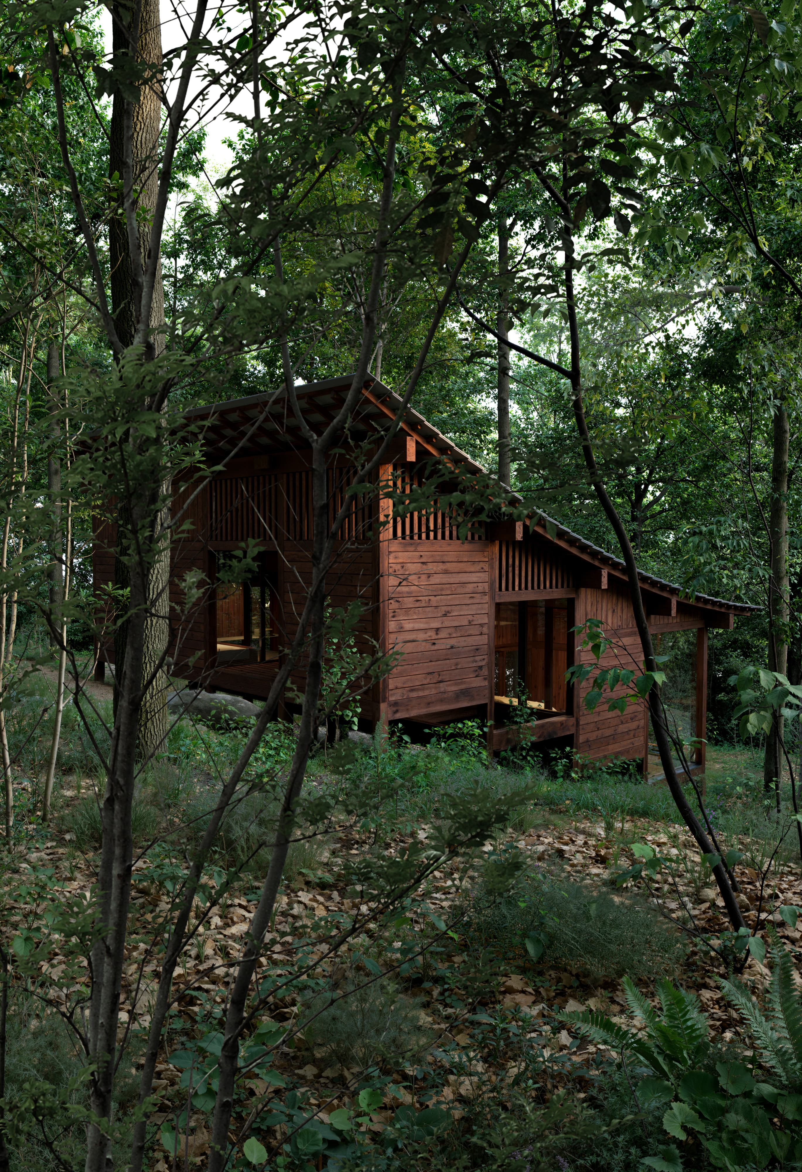 Rendering of Doah Cabin's cedar volume seen through the tree line at dusk.